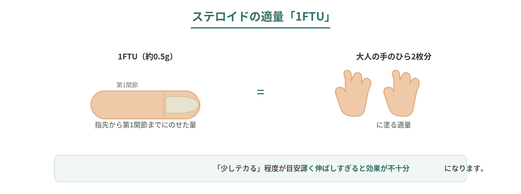 ステロイド外用薬の適量FTUを、人差し指の先から第1関節までの量が大人の手のひら2枚分に相当すると示した図